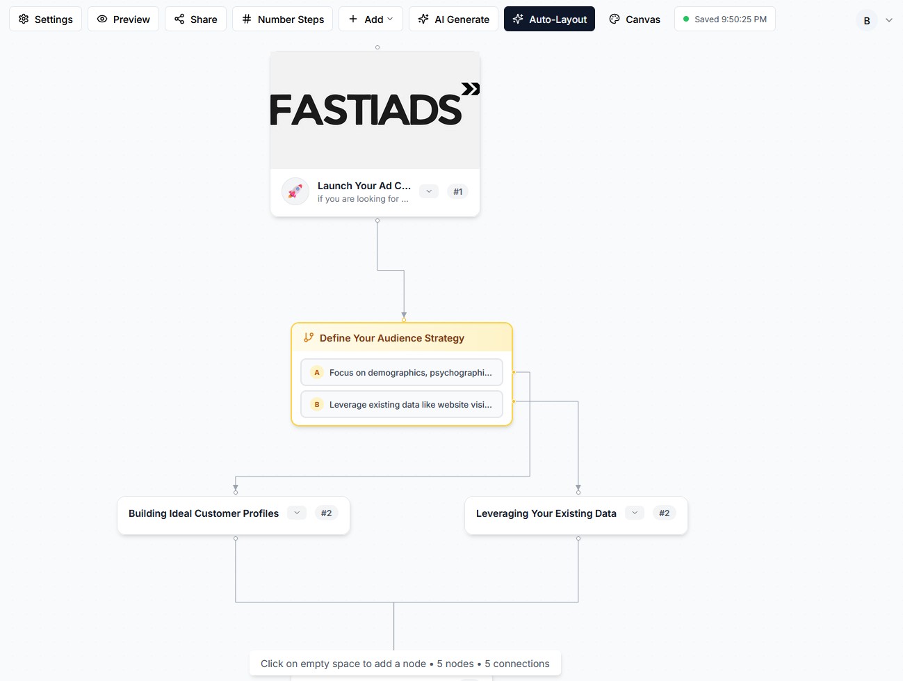 DeckJourney editor canvas — drag and drop nodes to build interactive journeys